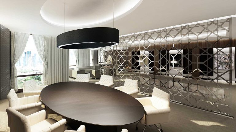 Executive boardroom with patterned metal screen, delivered by El Jaroudi